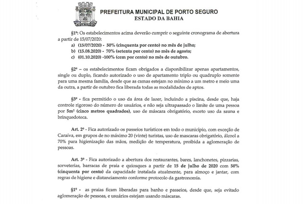Decreto da prefeitura de Porto Seguro estabelece protocolos para estabelecimentos — Foto: Reprodução