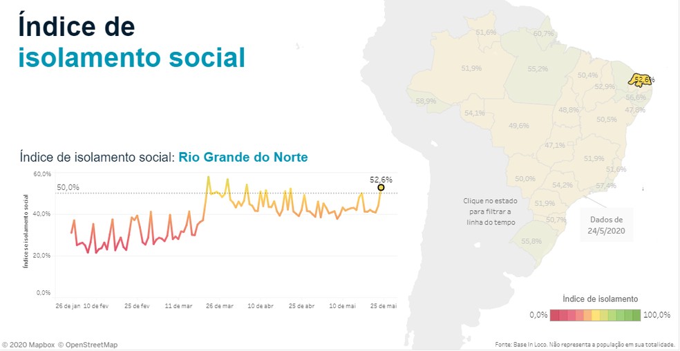 Mapa mostra índice de isolamento social no Rio Grande do Norte — Foto: In Loco