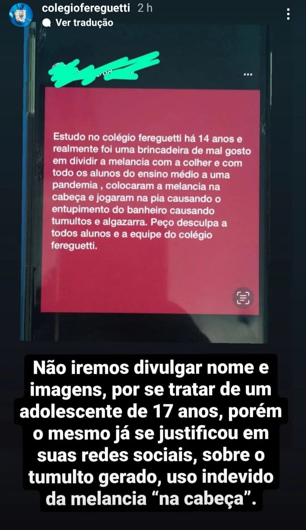 Post nas redes sociais do colégio de São Paulo onde é feito esclarecimentos sobre o episódio. — Foto: Reprodução/Instagram