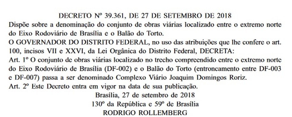 Decreto publicado no Diário Oficial do DF que renomeia o Trevo de Triagem Norte de Complexo Viário Joaquim Domingos Roriz — Foto: DODF/Reprodução
