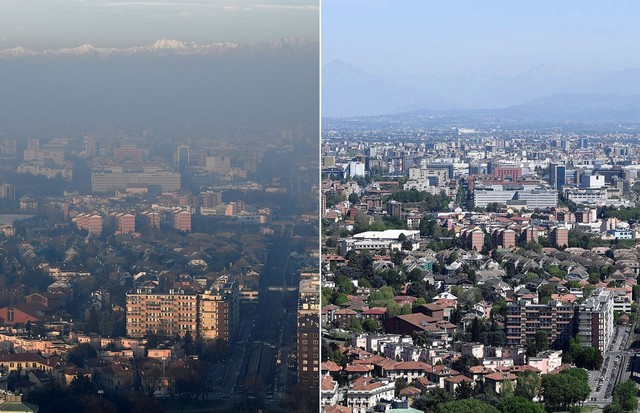 Os Alpes italianos agora são visíveis acima de Milão, graças à falta de poluição (Foto: SkyNews)