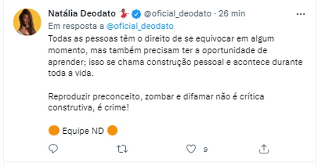 Equipe de Natália Deodato, do BBB22, se pronuncia em meio a ataques sofridos pela sister (Foto: Reprodução/Twitter)