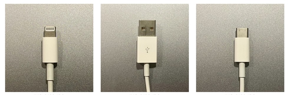 Cabos: Lightning, usado pela Apple, e os padrões de conectores para USB-A e USB-C — Foto: Henrique Martin/g1