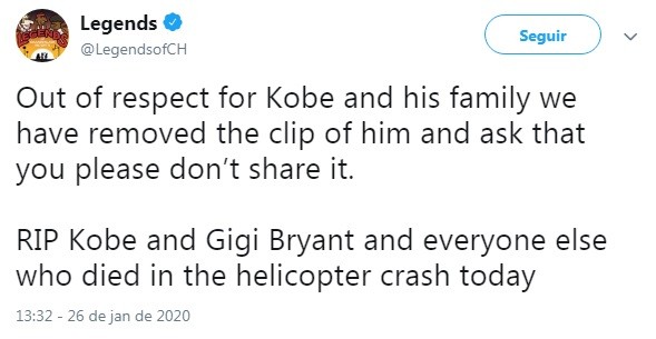 Tweet da conta do desenho 'Legends of Chamberlain Heights' sobre a morte de Kobe Bryant (Foto: Twitter)