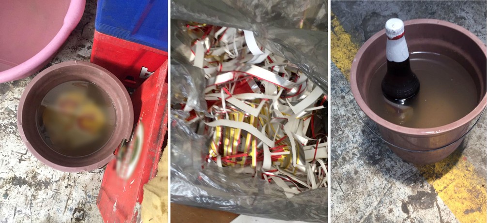 Polícia Civil encontrou material usado em um esquema rudimentar para a troca dos rótulos das garrafas de cerveja — Foto: Polícia Civil/Divulgação