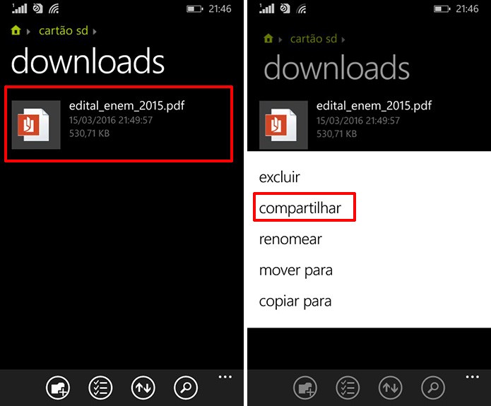 Usuário precisa achar e compartilhar arquivo PDF a partir do gerenciador de arquivos do Windows Phone (Foto: Reprodução/Elson de Souza)