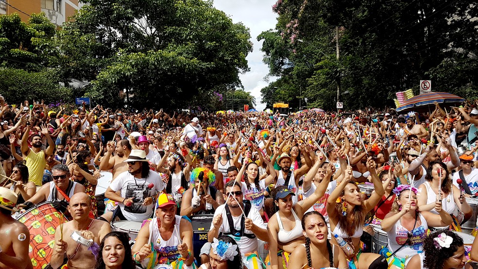Foliões animados durante bloco de carnaval em Belo Horizonte (MG) — Foto: Raquel Freitas/ G1