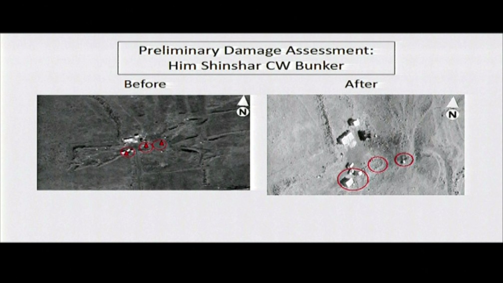 Imagens divulgadas pelo Pentágono mostram antes e depois de área atacada pelos EUA, Reino Unido e França. (Foto: Divulgação)