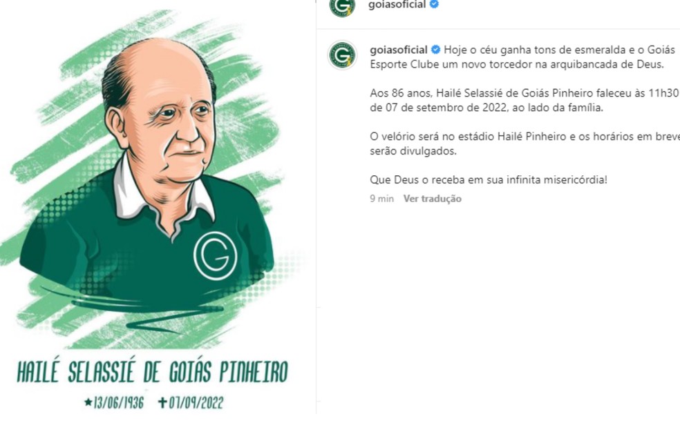 Post do Goiás Esporte Clube sobre a morte de Hilé Pinheiro — Foto: Reprodução/Instagram 