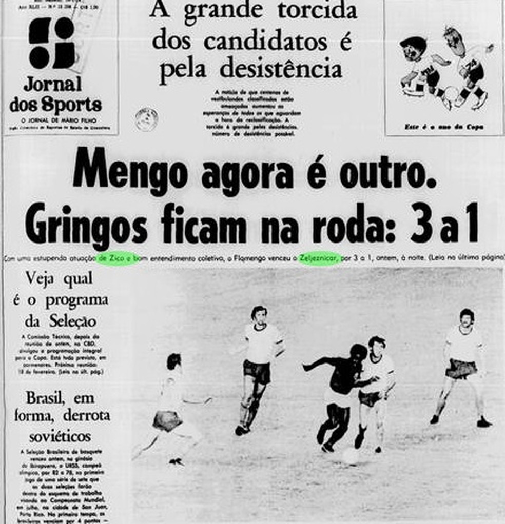 Capa do Jornal dos Sports exalta atuação de Zico em vitória sobre o Zeljeznicar — Foto: Reprodução / Jornal dos Sports