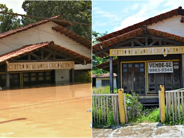 Centro de Memória Chico Mendes, também atingido pela enchente, atualmente, está para venda (Foto: Caio Fulgêncio/G1)