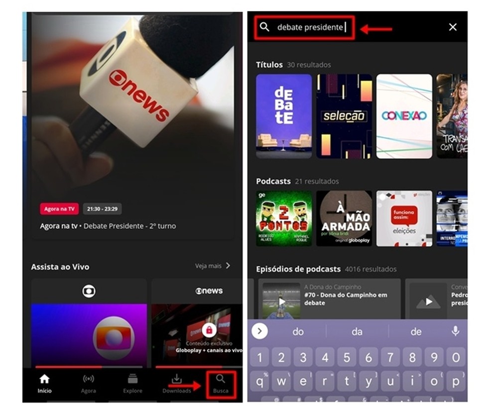 Eleitor deve entrar no campo de busca e fazer uma pesquisa para encontrar o vídeo com o debate da Globo na íntegra — Foto: Reprodução/Gabriela Andrade