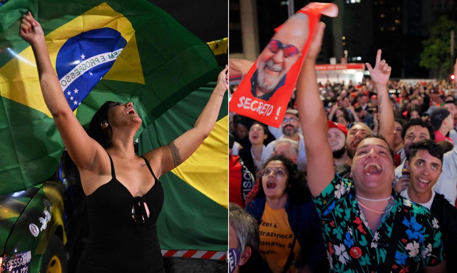 Apoiadores do presidente Jair Bolsonaro e do ex-presidente Luiz Inácio Lula da Silva durante apuração do primeiro turno