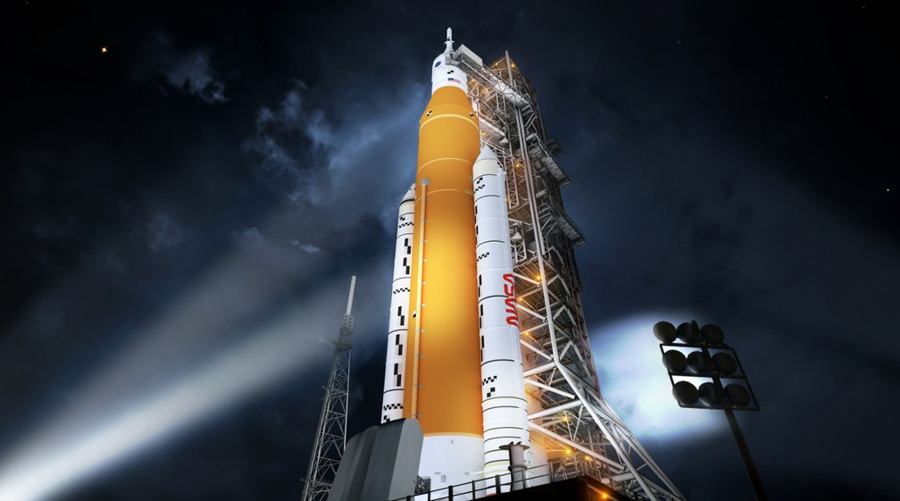 A missão Artemis, para a Lua, vai usar o foguete SLS. — Foto: NASA