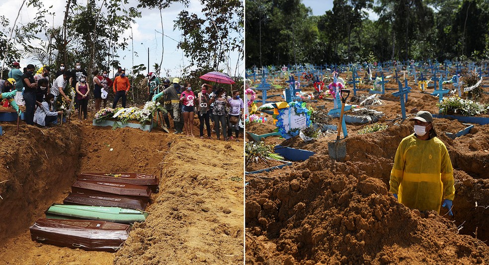 Cemitérios de Manaus em diferentes momentos de alta nas mortes por Covid-19 — Foto: Edmar Barros_AFP; Bruno Kelly/Reuters