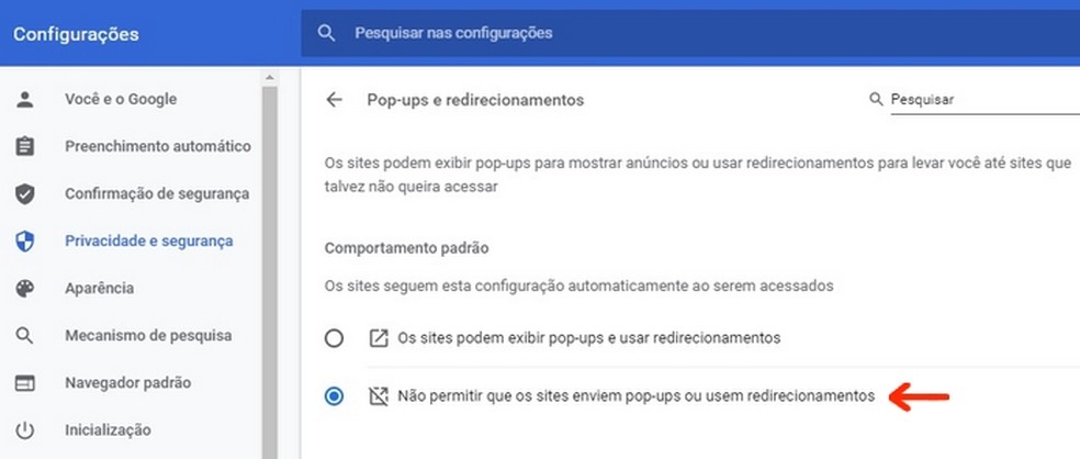 Google Chrome permite desativar a exibição de pop-ups — Foto: Reprodução/Raquel Freire