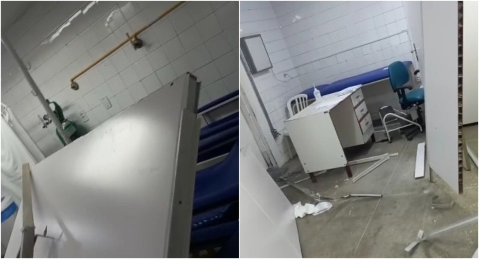 Consultório ficou destruído após paciente armado com faca atacar médica e ferir segurança em hospital de Fortaleza. — Foto: Reprodução