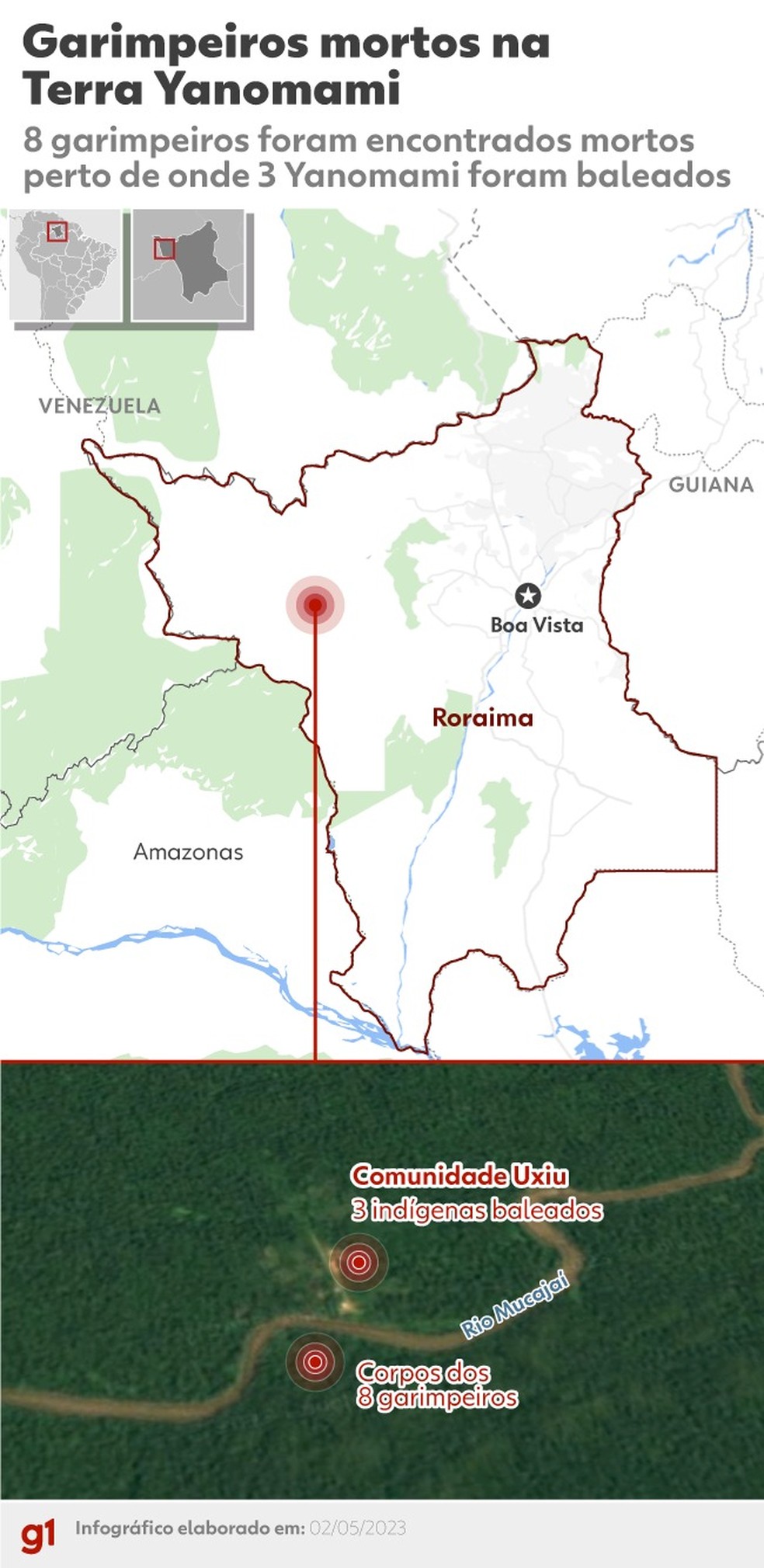 Mapa mostra que corpos foram encontrados próximo a comunidade Uxiu — Foto: arte g1