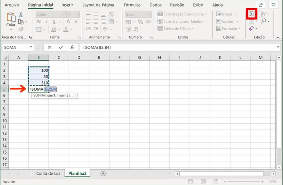 Como fazer planilhas no Excel: cálculo de soma no Excel através do botão de atalho da função — Foto: Reprodução/Raquel Freire