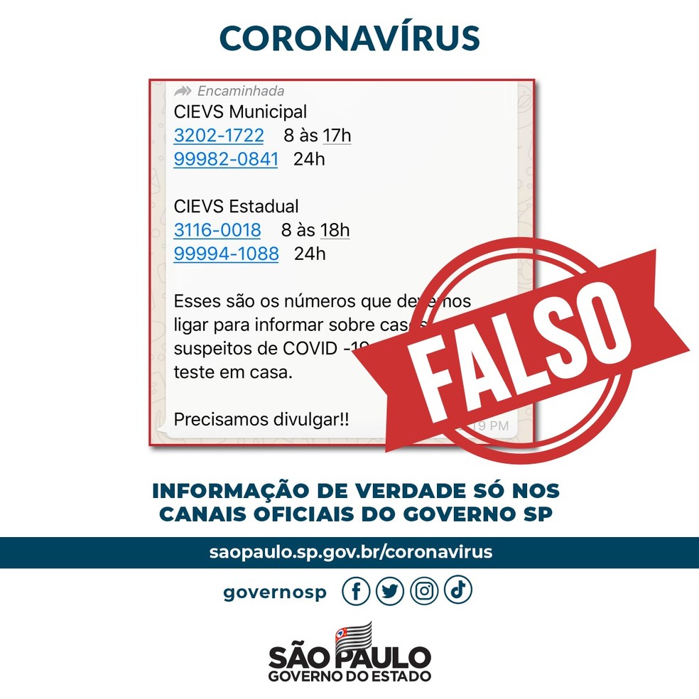 Governo de SP também diz que a mensagem é falsa — Foto: Reprodução