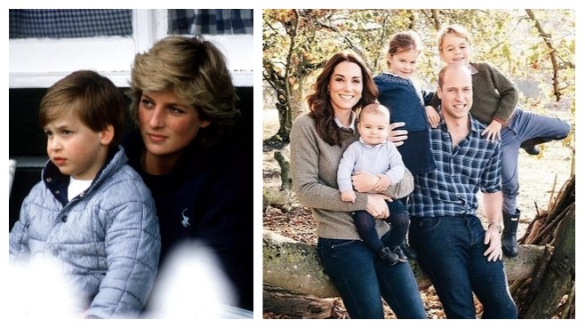 O Príncipe William com a mãe, Princesa Diana (1961-1997), em foto de infância, e com a esposa e os filhos em registro recente (Foto: Getty Images/Instagram)