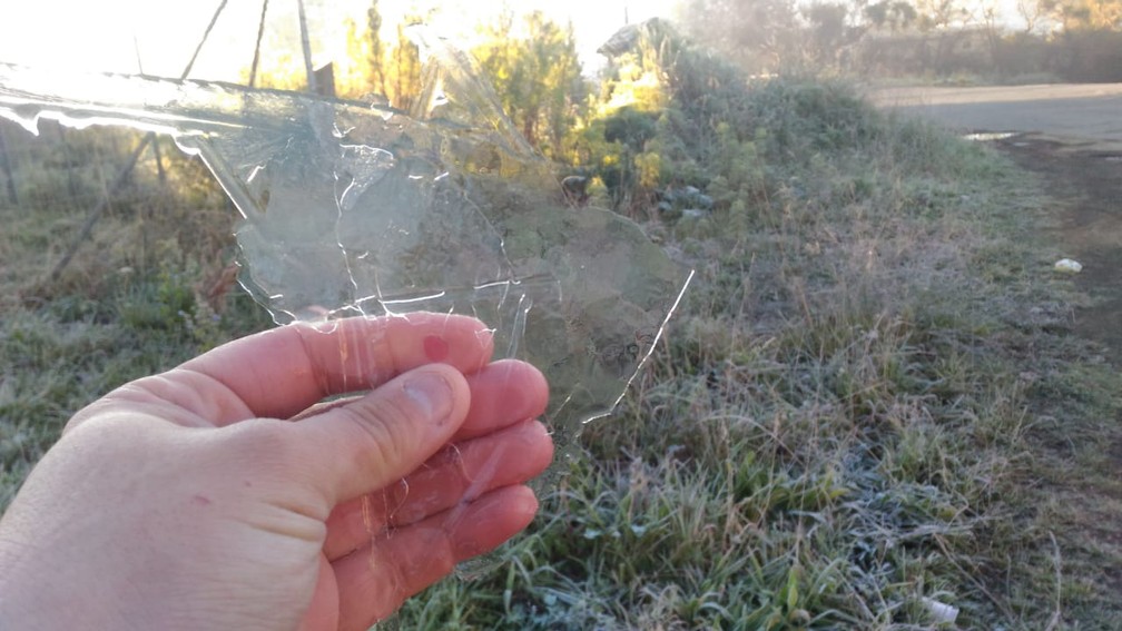 Camada de cristais de gelo formada pela geada em São Joaquim (Foto: Wagner Urbano/ Arquivo pessoal)
