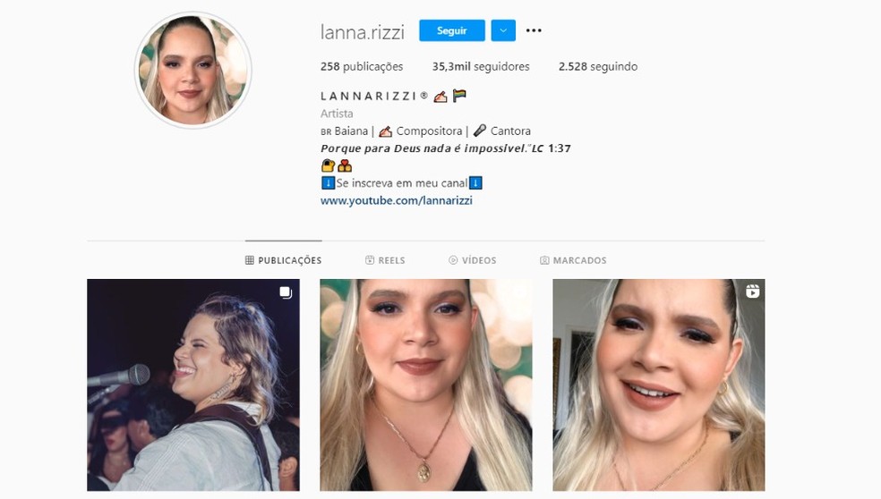 No Instagram, Lanna Rizzi tinha mais de 35 mil seguidores. Cantora e compositora Lanna Rizzi morre após complicações da Covid-19 no sudoeste da Bahia Reprodução / TV Santa Cruz — Foto: Reprodução / Redes Sociais