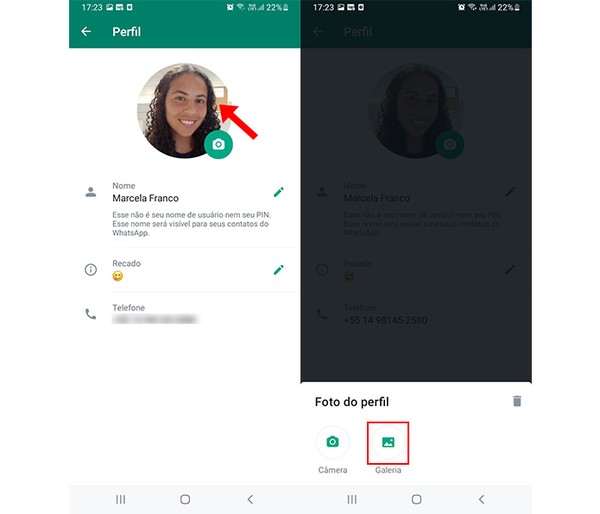 Ação para escolher a nova foto de perfil do WhatsApp na galeria — Foto: Reprodução/Marcela Franco