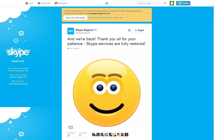 Com direito a emoji, equipe do suporte técnico do Skype divulgou o restabelecimento do serviço (Foto: Reprodução/Twitter)