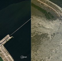 Imagem de satélite mostra a barragem da Usina Hidrelétrica de Kakhovka em 5 de junho e no dia seguinte, após ter sido danificada — Foto: Maxar Technologies / AFP