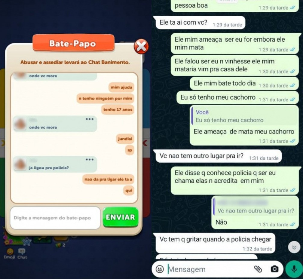 Prints mostram mensagens de adolescente que pediu socorro em jogo online em Jundiaí (SP) — Foto: Arquivo pessoal