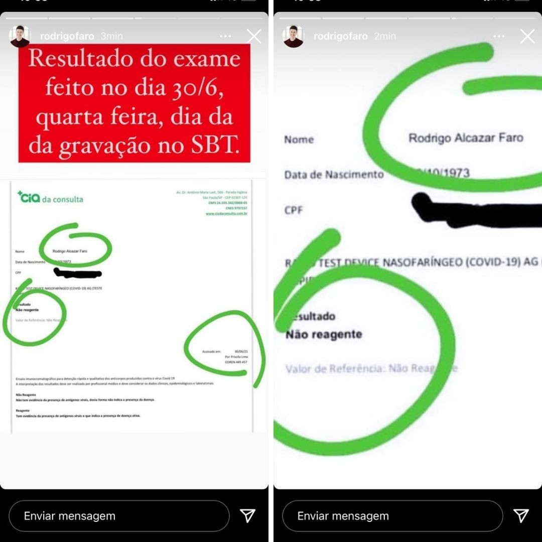 Rodrigo Faro mostra prints do resultado negativo para Covid-19 feito antes de gravação no SBT (Foto: Reprodução/Instagram)