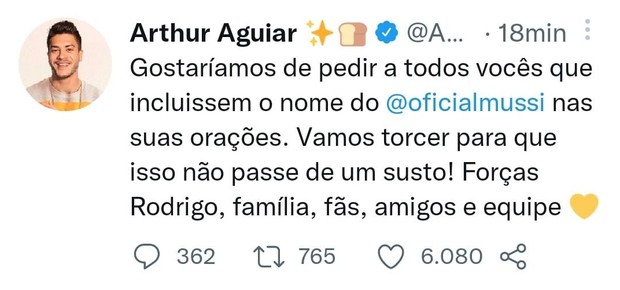 Equipe de Arthur Aguiar pede orações a Rodrigo Mussi (Foto: Reprodução/Instagram)