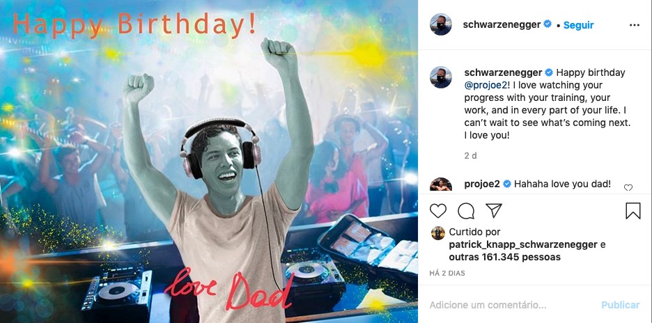 O post de Arnold Schwarzenegger celebrando o aniversário de 23 anos do filho Joseph Baena (Foto: Instagram)