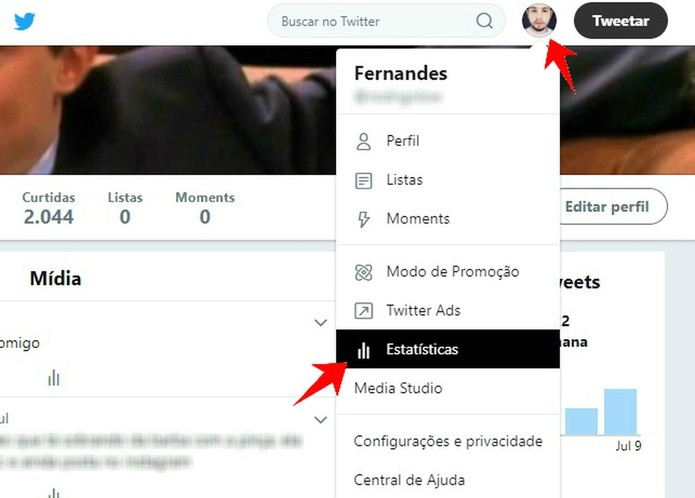 Acesse o Twitter Analytics através do menu da página principal (Foto: Reprodução/Rodrigo Fernandes) Acesse o Twitter Analytics através do menu da página principal (Foto: Reprodução/Rodrigo Fernandes)