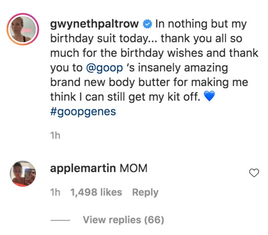 A legenda do post de Paltrow com a foto nua e o comentário chocado da filha (Foto: Reprodução/Instagram)