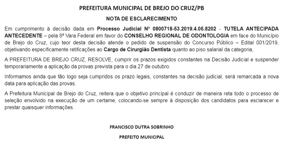 Em nota, o prefeito de Brejo do Cruz, Francisco Dutra Sobrinho, informou que as provas ainda não têm data para acontecer — Foto: Prefeitura de Brejo do Cruz/Divulgação