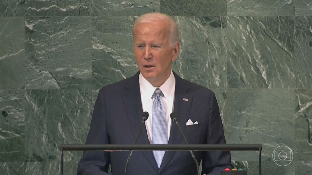 O presidente dos Estados Unidos, Joe Biden, faz discurso na ONU — Foto: Jornal Nacional
