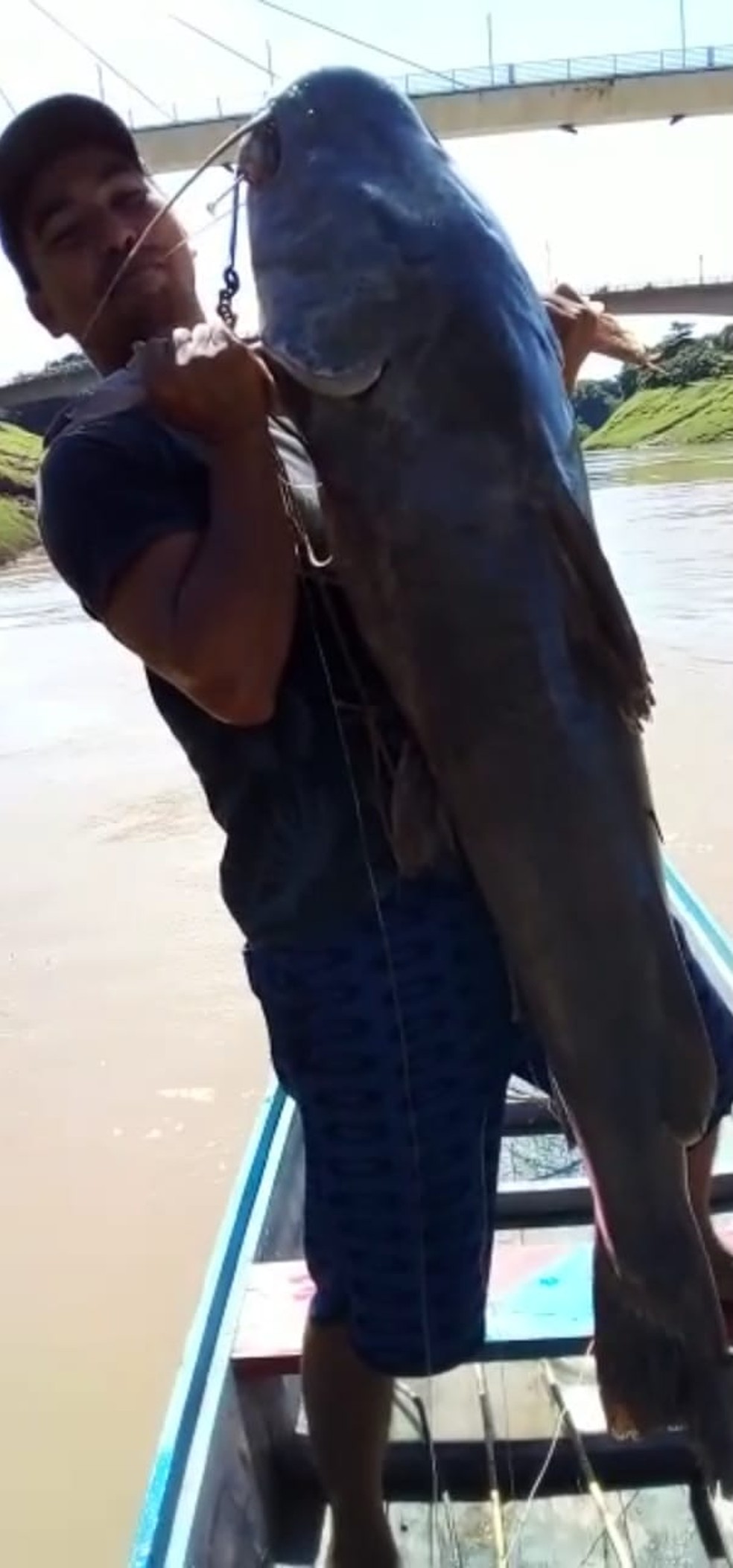 Mailton Moura pescou jaú de quase 50 quilos no Rio Acre, em Rio Branco — Foto: Reprodução