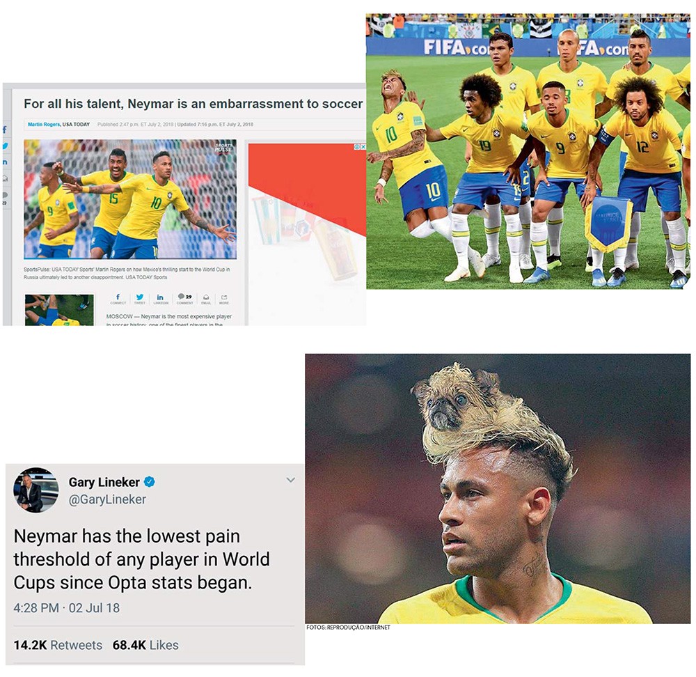 Acima, reproduÃ§Ã£o de crÃ­tica dura publicada no USA Today; ao lado, montagens na internet sobre Neymar que viralizaram mundo afora; por Ãºltimo, abaixo, postagem do ex-jogador Lineker em rede social com crÃ­tica a Neymar (Foto: REPRODUÃ‡ÃƒO/INTERNET)