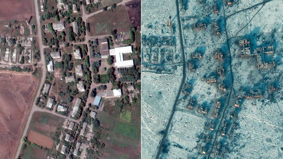 À esquerda, imagem de satélite da cidade de Soledar em 1º de agosto; à direita, a mesma área de Soledar, há dois dias