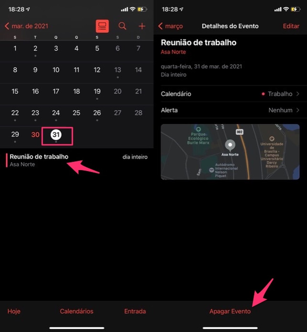 Ação para preparar a exclusão de um evento no calendário do iPhone — Foto: Reprodução/Marvin Costa