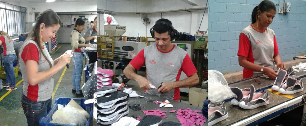 Amanda, Wilson e Sandra encontraram recolocação no mercado de trabalho, mesmo sem ter expêriencia no setor calçadista (Foto: Patrícia Maia/G1)