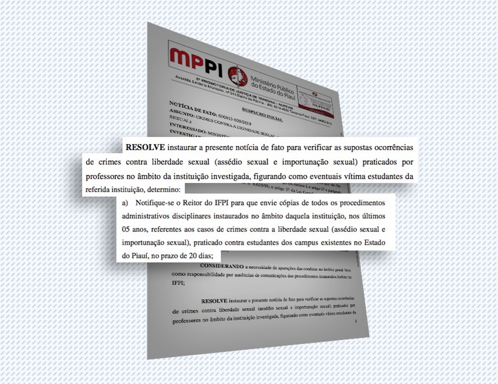 Trecho da notícia de fato que investiga denúncias de crimes de assédio e importunação sexual no IFPI  — Foto: Reprodução/MP-PI