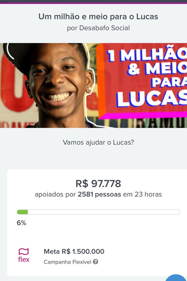 Lucas Penteado soma quase R$ 200 mil em vaquinhas virtuais (Foto: Reprodução)