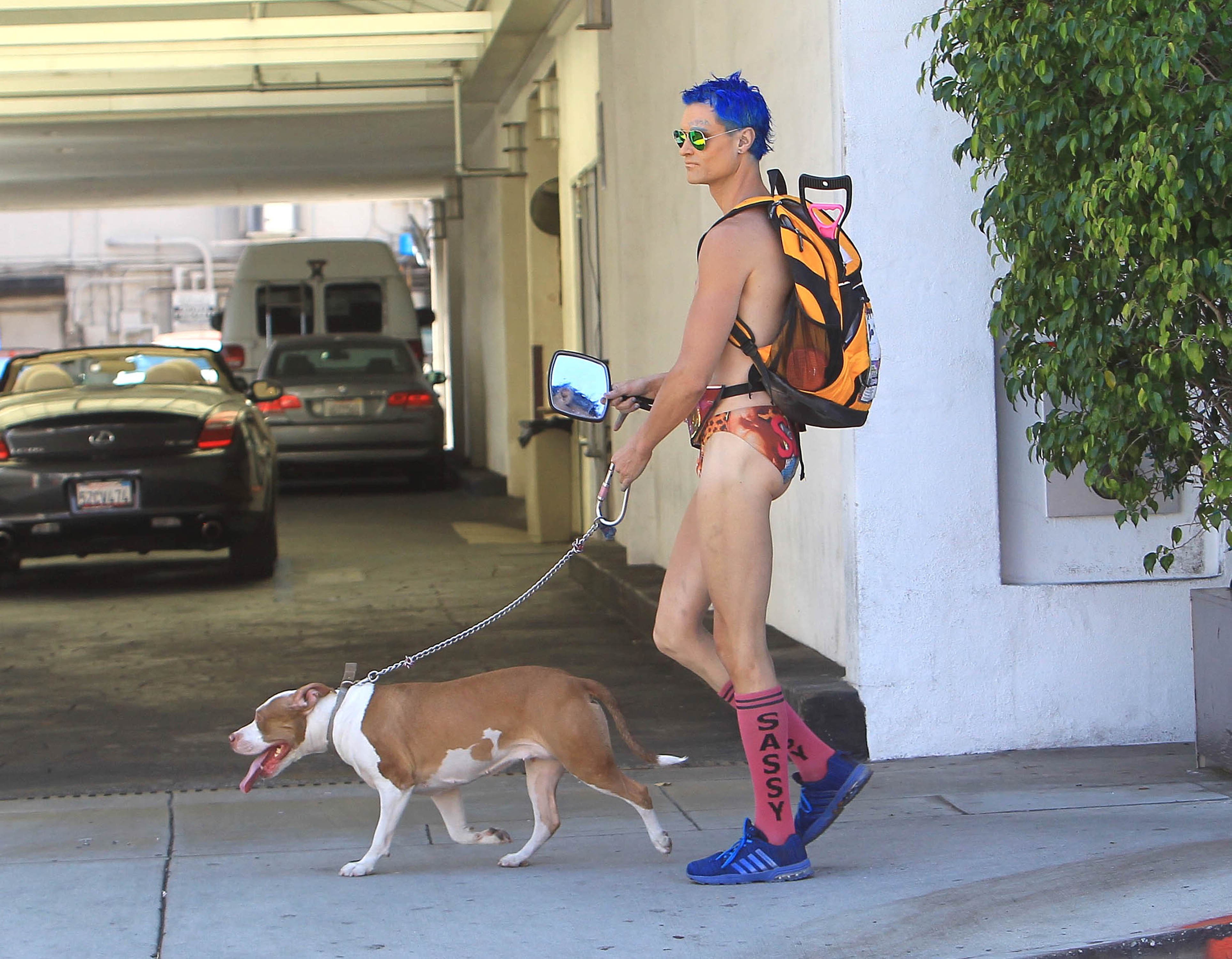 O músico e influenciador digital Sexy Vegan passeando por Los Angeles com um de seus cães (Foto: Getty Images)