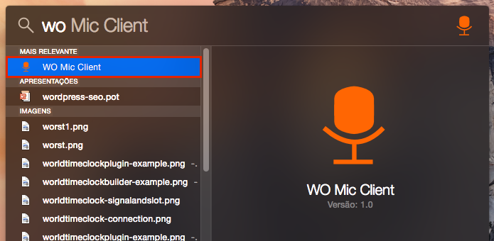 Executando o app WO Mic Client a partir do Spotlight do OS X (Foto: Reprodução/Edivaldo Brito)