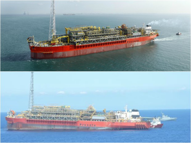 Na imagem é possível observar antes (acima) e depois (abaixo) do navio-plataforma FPSO Cidade São Mateus (Foto: Divulgação BW Offshore/ Divulgação Marinha do Brasil)