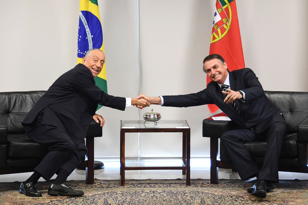 O presidente da República, Jair Bolsonaro, recebe o presidente de Portugal, Marcelo Rebelo de Souza, no Palácio do Planalto, em Brasília — Foto: Evaristo Sá/AFP