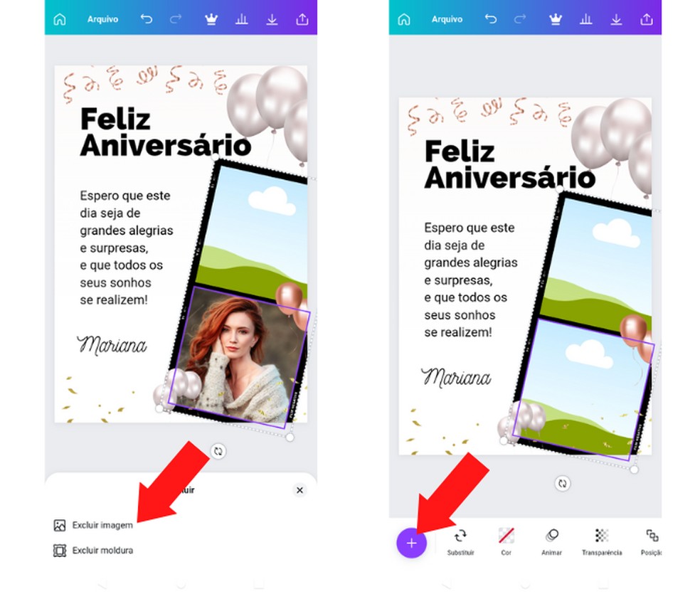 Substituindo as imagens de um modelo do Canva — Foto: Reprodução/Mariana Tralback